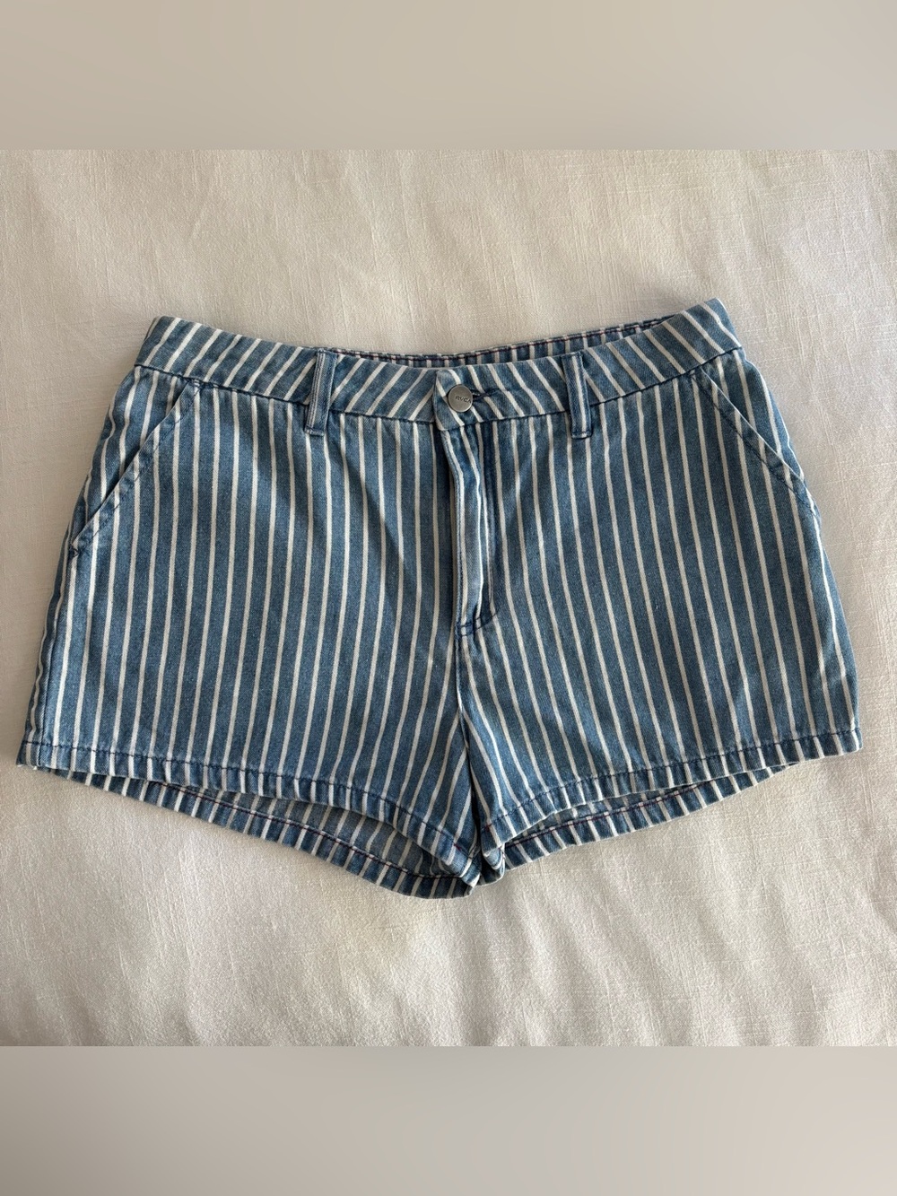 RVCA Blue and White Vertical-Stripe Denim Shorts